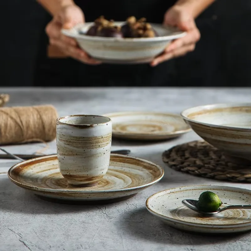 Japanese Stoneware Dinner Plate Classical Kiln Change Sesame Glaze Ceramic Plates and Bowls Rice Bowl Retro Household Tableware