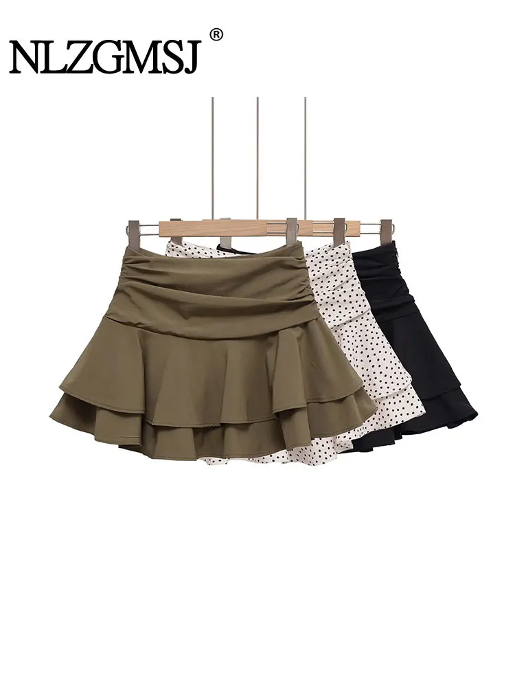 

NLZGMSJ 2025 Ruffles Decorative Short Skirts For Women Elegant Casual Solid Mini Skirts New Ruched Women's Short Skirts