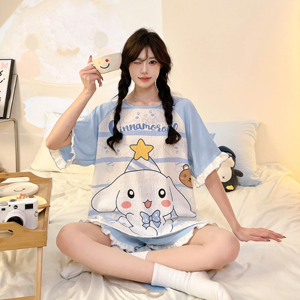 

Sanrio Cinnamoroll Women's Summer Pajama Set Anime Hello Kitty Kuromi Round Neck T-Shirt Shorts Cute Girl Student Homewear Set