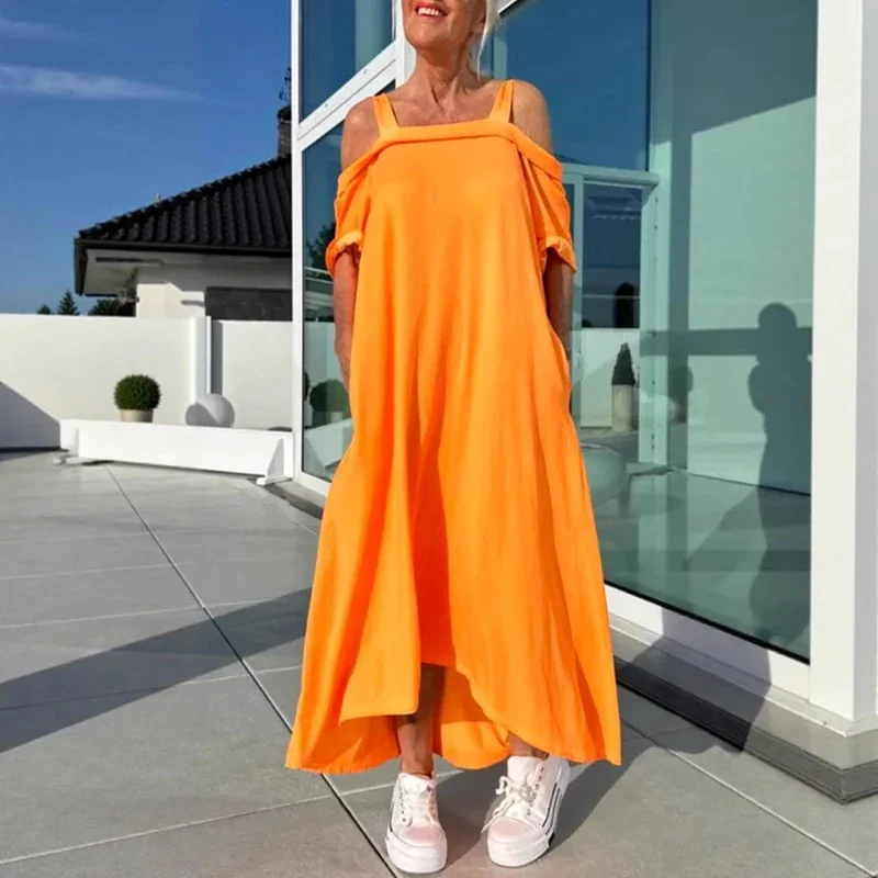 Sommer schulterfrei, einfarbig, lässig, lockeres Maxikleid, 2025, Blumenmuster, kurzärmelig, A-Linie, Pulloverkleid, Streetwear, Strandkleider