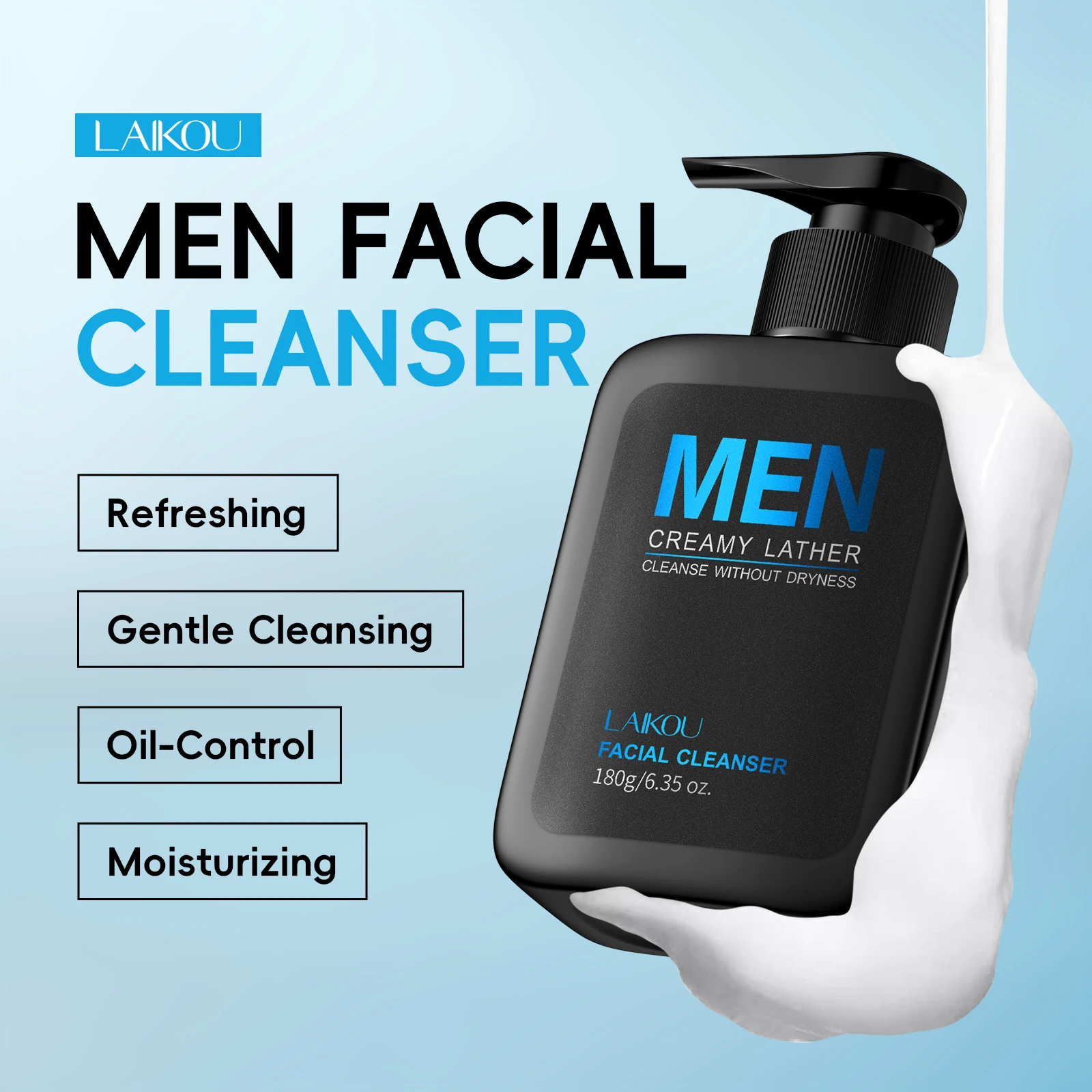 LAIKOU Men Facial Cleanser 180g, Gentle Cleansing Refreshing Oil Control Moisturizing Daily Face Wash For Men's Skincare