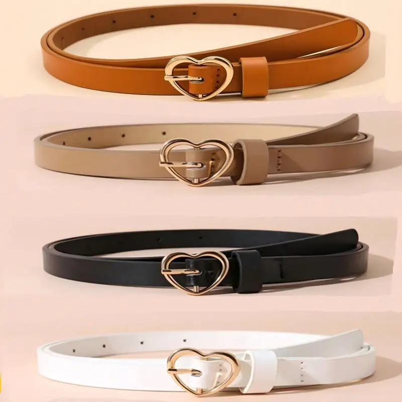 A Set of Three Heart-Shaped Gold Buckle Thin Waist Belt, Versatile for Daily Use