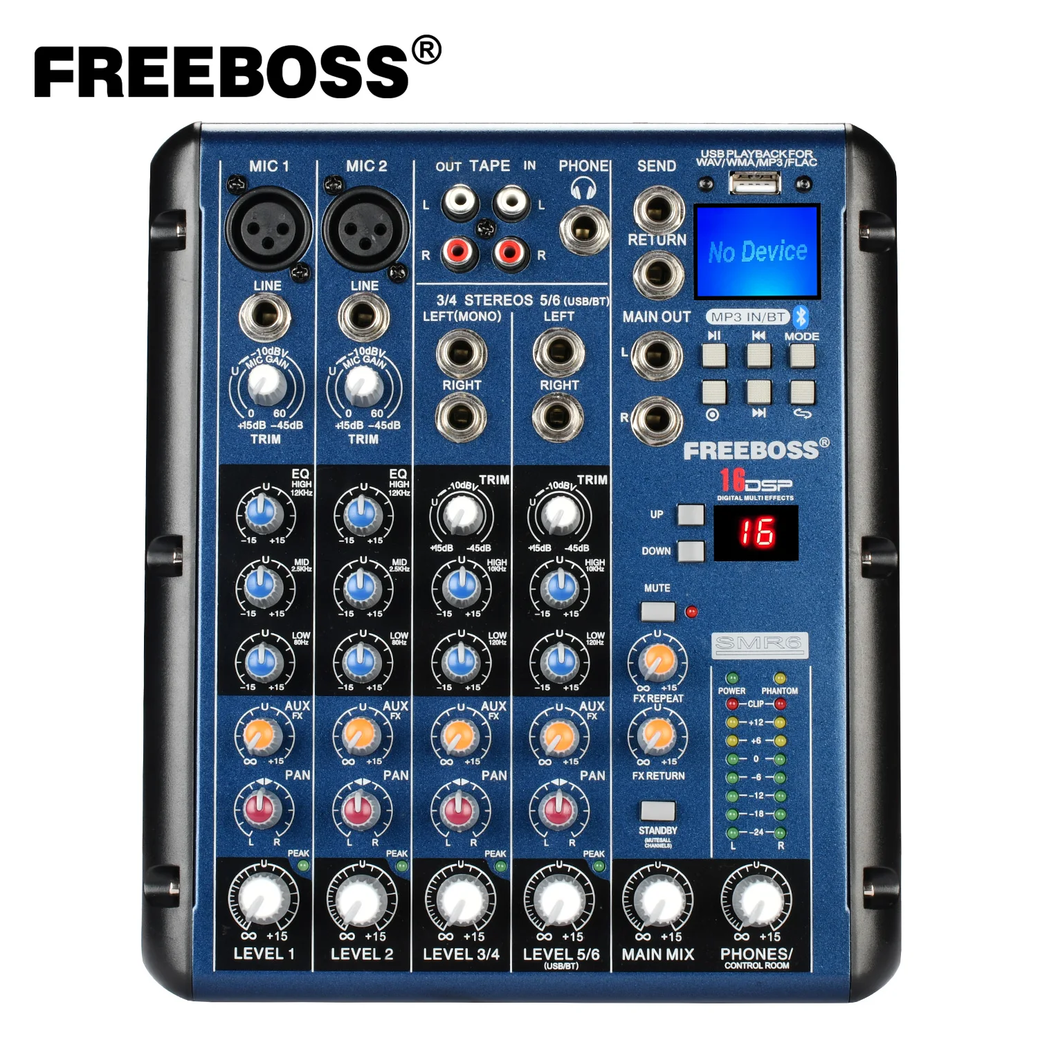 FREEBOSS 6 Channel Audio Mixer USB Bluetooth 16 DSP Effect Mixing Console 2 Mono 2 Stereo Input 48V Sound Table for Karaoke SMR6