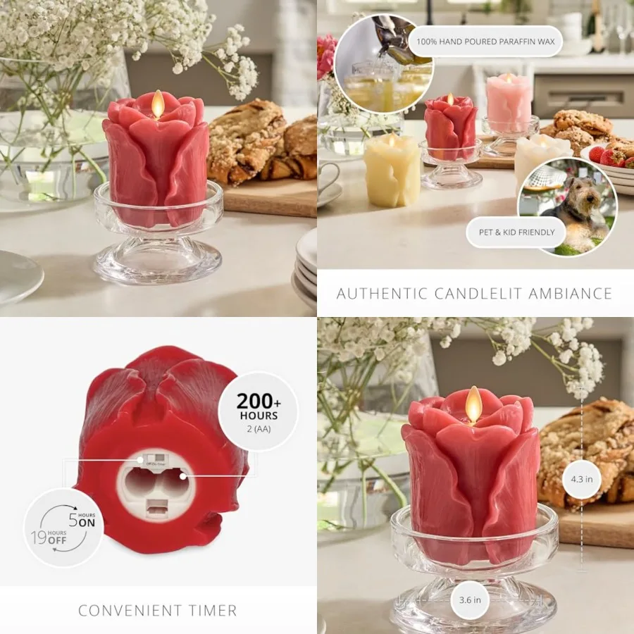 

Rose Flameless Candle - 3.6" x 4.3" Rosebud Pillar - Real Flame Technology w/Flickering LED Light - Perfect for Mother's Day