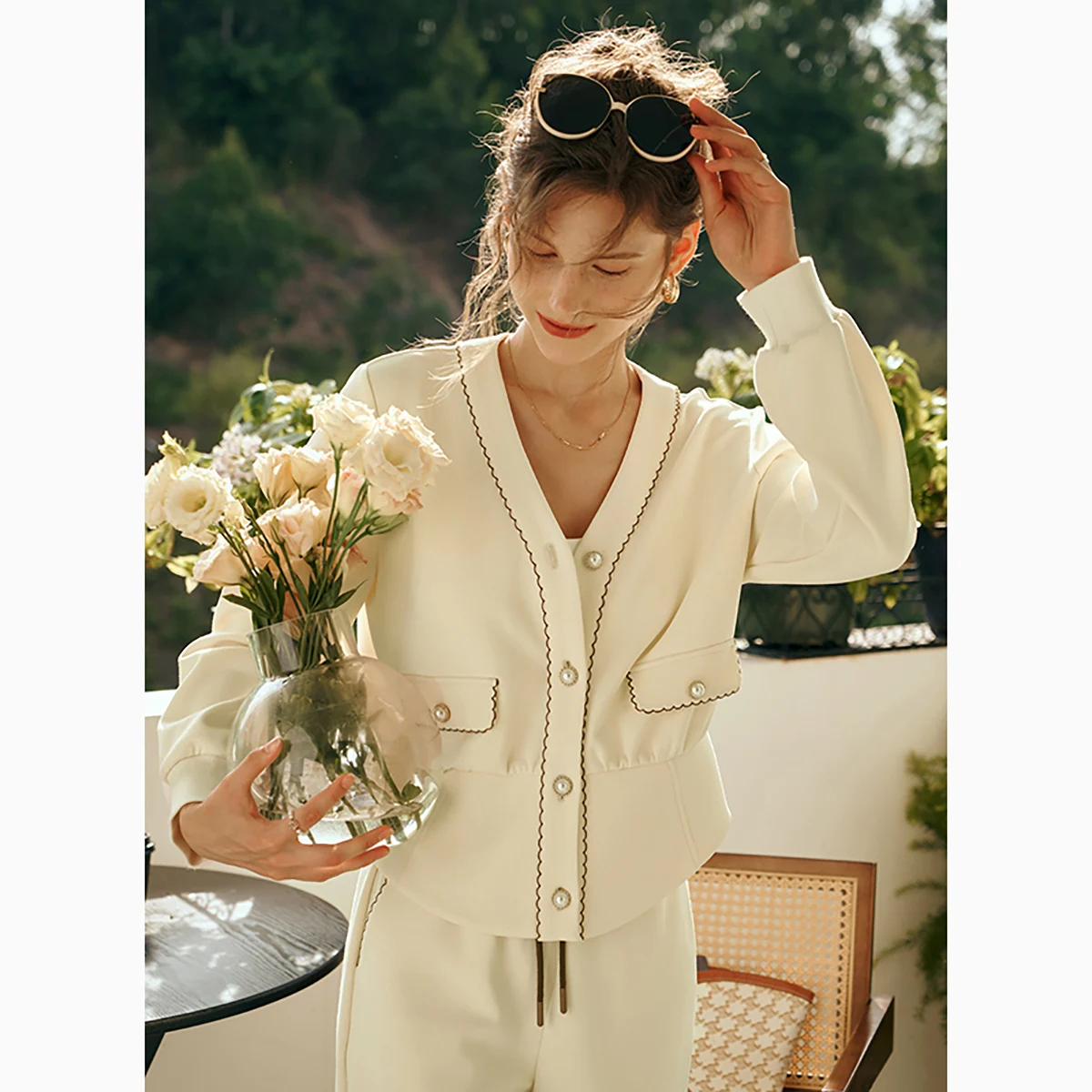 OLrain Korean Style Knit Sweatshirts Coat 2025 Spring Cotton Spliced Chic Button Puff Sleeve Elegant Loose Cardigan G23QW85602