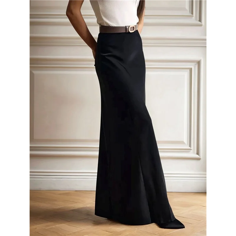

AOAO-Women's Satin High Waisted Maxi Skirts Zip A Line Long Skirt