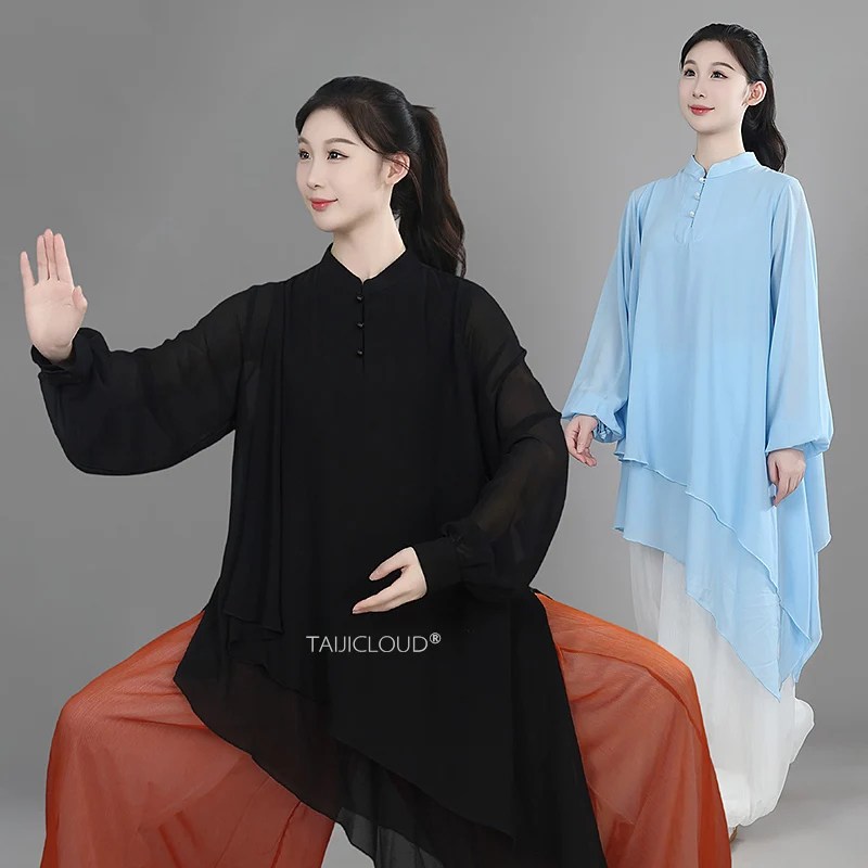 2025 New Chiffon Tai Chi Set - Two-Layer Performance Uniform for Martial Arts Training & Daily Wear, Elegant Kung Fu Suit