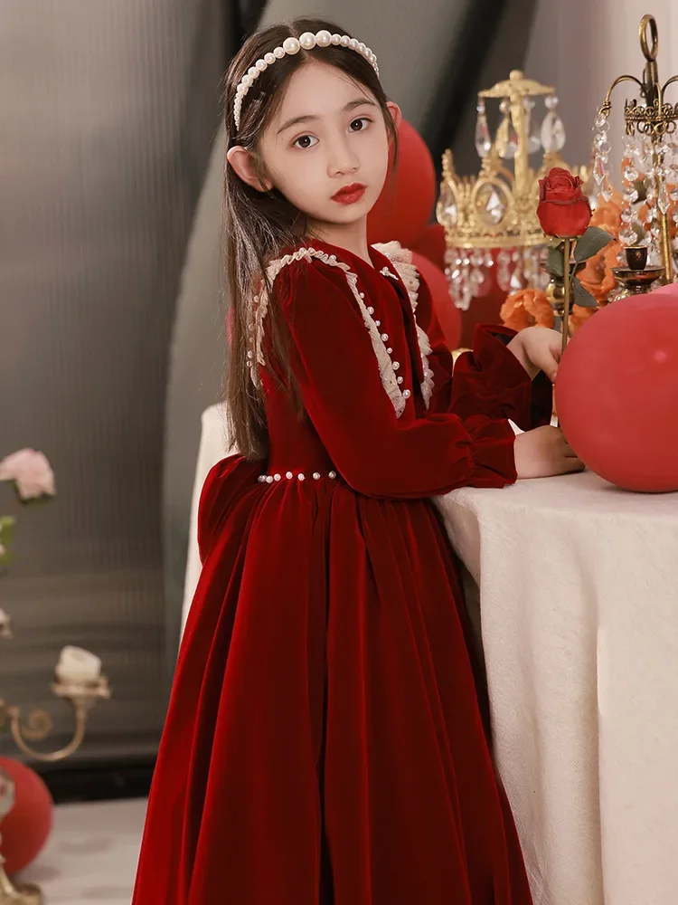 Teenmiro Designer Christmas Party Dress for Girls Kids Wine Red Beading Velvet Dresses Children Elegant Vintage Ball Gowns