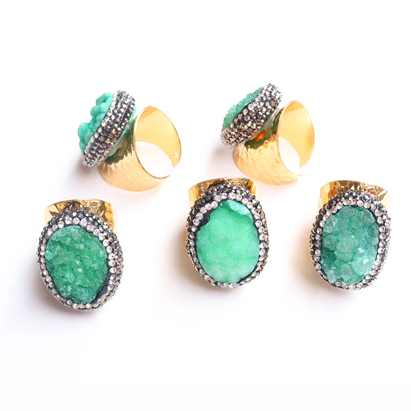 Irregular Druzy Quartz Stone Open Ring for Women Micro Inlay Black Rhinestone Gold Plated Boho Finger Jewelry Resizable