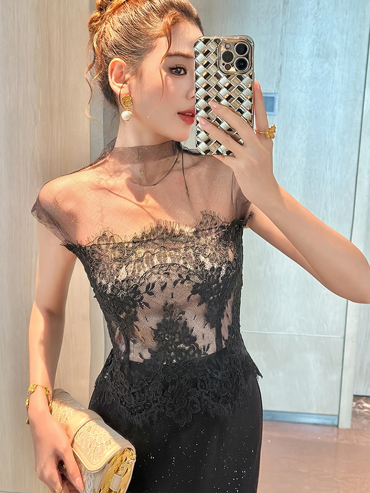 เดรสวินเทจสีดำเซ็กซี่ ความยาวปานกลาง สำหรับผู้หญิง สไตล์เรโทร ผ้าตาข่ายโปร่ง แต่งเลื่อม ทรงเข้ารูป สง่างาม หรูหรา สำหรับงานเลี้ยงกลางคืน