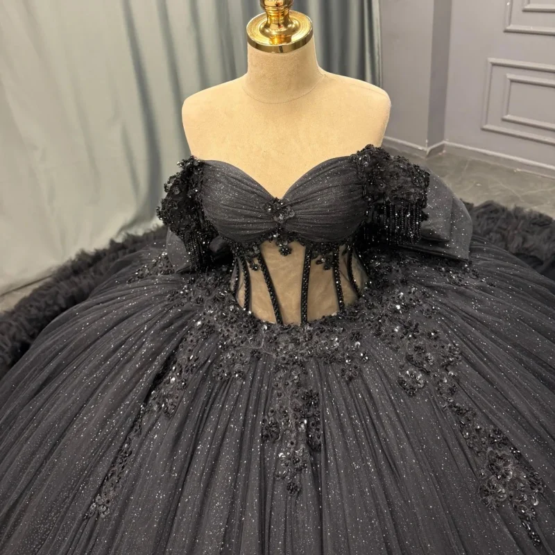 

Shiny Black Quinceanera Dress Crystal Glitter Decal off-shoulder Lace layering Long tail Vestidos De 15 Quinceanera ﻿Customize