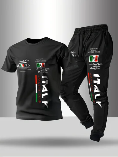 Conjunto de camiseta y pantalones de cuello redondo transpirables y cómodos con estampado de letras italianas a la moda de verano para hombre, ropa informal para exteriores