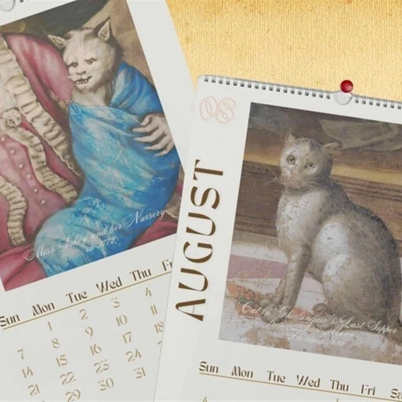 Calendario de pared de gato 2024,2024, calendario de gato renacentista divertido, calendario colgante de pared, calendarios de gato de 12 meses con feo duradero