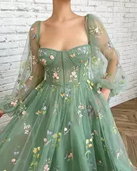 BABYONLINE Abiti da ballo Fata verde Manica a sbuffo Pizzo Ricamo Tulle Abito da sera formale Abito da sera Elegante Lunghezza tè Robe De Soiré