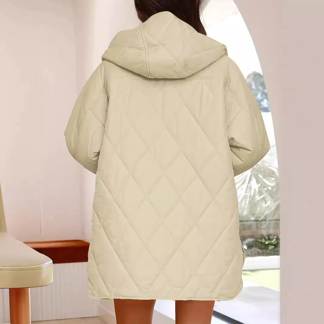 Women's Winter Mid To Long Casual Loose Artistic Jacket, Quilted Cotton Coat, Dia Grid Hooded Lightweight Jacket