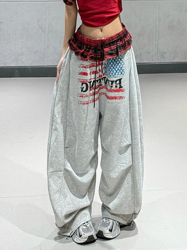 Pantalones de pierna ancha con estampado de letras y bandera americana retro, pantalones largos hasta el suelo para baile callejero de hip hop de otoño para mujer, pantalones drapeados de pierna recta...