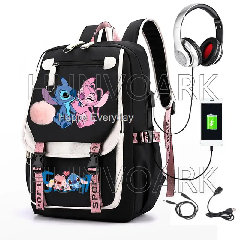 cartoon Lilo And Stitch School Bags Waterproof USB Casual Travel Backpack Women Capacity Travel Laptop Mochilas School