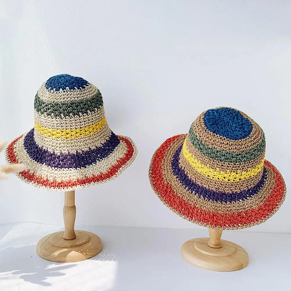 

New Rainbow Straw Hat For Summer Sun Visor Handmade Crochet Big Brim Bucket Hats Ladies Beach Sun Hat Boho Girl's Fashion C W3A0