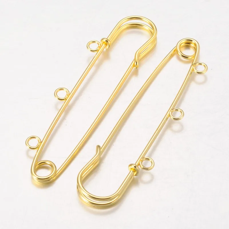 100pcs Iron Safety Brooch Blank Base Kilt Pins Findings Golden Plated 3 Loops Charms Connecto For DIY Jewelry Making 75mm