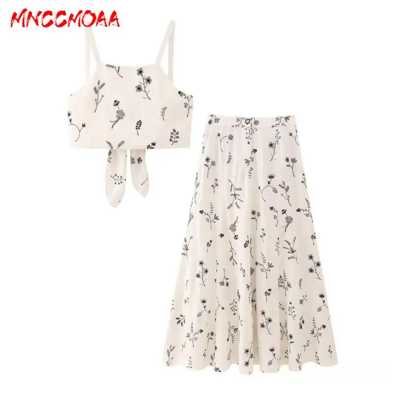 MNCCMOAA-Sleeveless Backless Crop Top and A-Line Skirt Set for Women, Female Summer Suits, A-Line Skirt, 2 Pieces, 2024