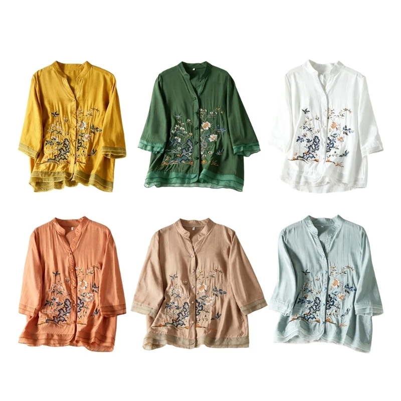 

Cotton Linen Shirt for Women 3/4 Sleeve Summer Button Down Shirt Embroidered Tops Bohemian Fashion Casual Loose Blouses 6XDA