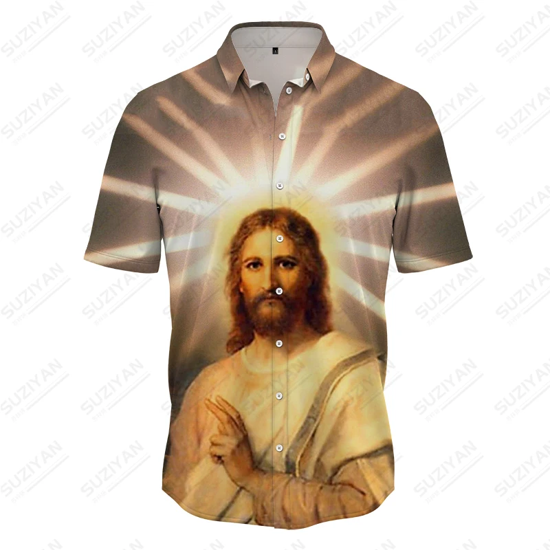 Summer Men's Shirt Jesus Christian 3D Printed Religious Floral Casual Style Fashion Trend Beachwear Clothing Tropic Shopping