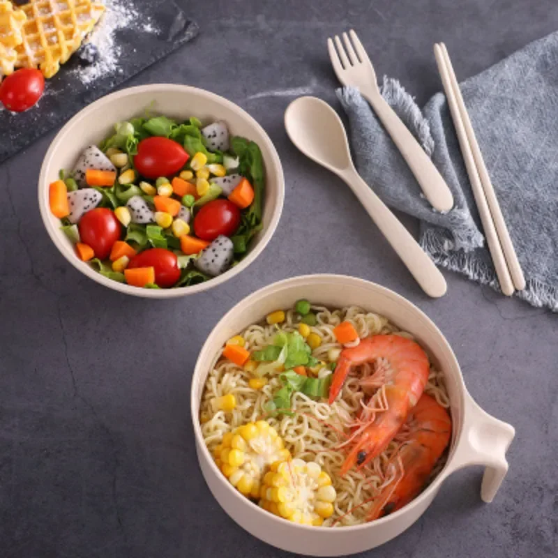 Large Capacity Wheat Straw Rice Bowl Anti Drop Design With Lid Complete Tableware Set Portable Soaked Noodle Bowl Home Dormitory view 3