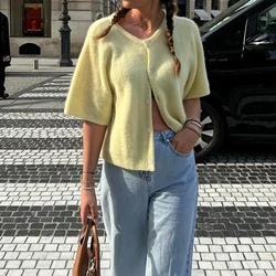 Women Y2K Cardigan Sweaters Short Sleeve Button Down Ribbed Knit Crop Top Fall Winter Going Out Sweater Female Knit Tops