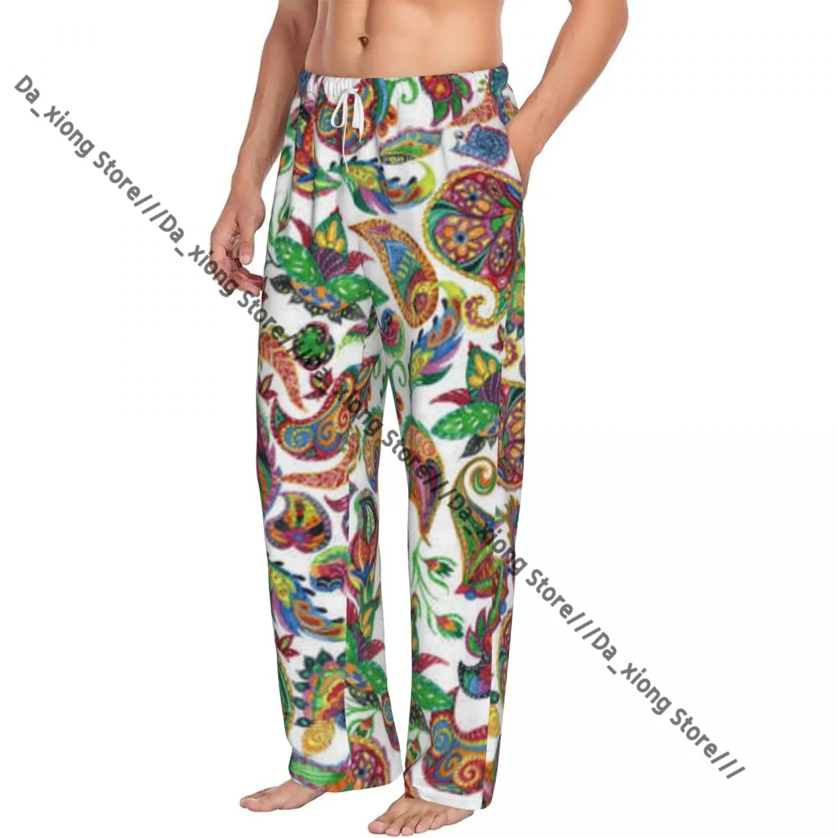 メンズパジャマ ルーズスリープパンツ パジャマ 水彩ペイズリー オリエンタルプリント ロングラウンジボトムス カジュアルホームウェア