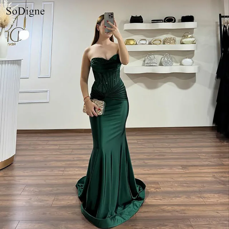 

SoDigne Elegant Satin Evening Dresses Beading Strapless Sleeveless Party Dress Pleats Mermaid Floor-Length Prom Gowns Customize