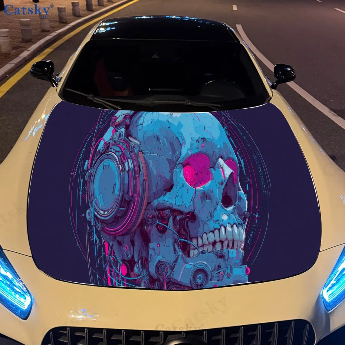 

Artistic Split Cyber Skull Pink Eye PVC Car Vinyl Wraps, Self-Adhesive Waterproof Car Hood Decal Sticker, Car Decoration Protect