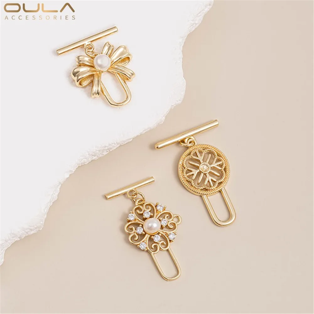 

1pcs 14K Gold-plated Snowflake Bow Half-hole Bead Support OT Clasp Diy Hand-glued Pearl Jewelry Clasp