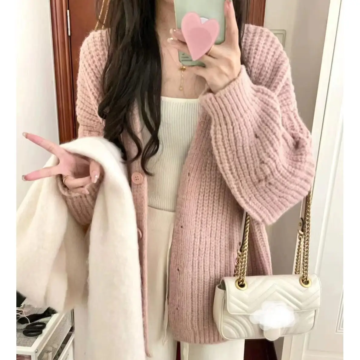 Sweater Cardigan Women's Autumn and Winter New Style for Wearing Outside Gentle and Lazy Style Sweet and Loose Knit Sweater