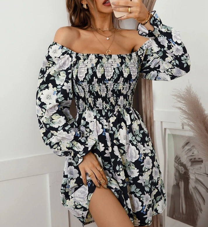 

Women's Fashion Flower Printed Pattern French Single Collar Single Shoulder Lantern Long Sleeve Short Sleeve Casual Waist Dress