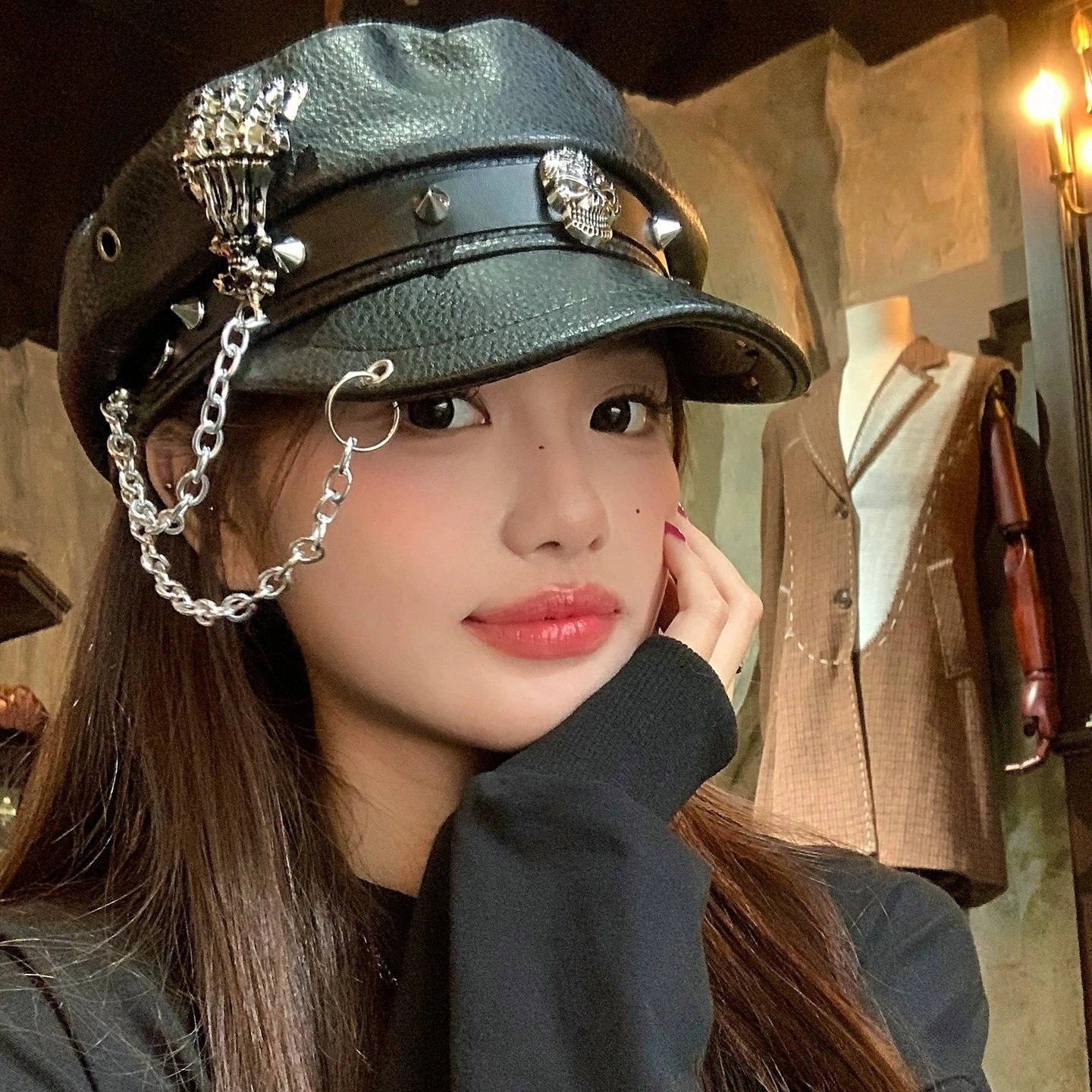 فاسق النمط البريطاني القبعات الإناث بولي Leather الجلود قبعة عادية الجمجمة قارب مرساة سلسلة ربط برشام Harajuku القوطية لوليتا قبعات مثمنة #2