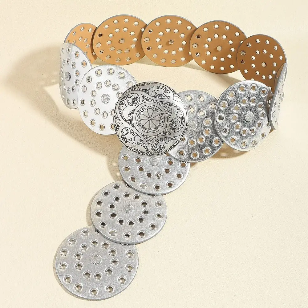 女性用の丸い透かし彫りベルト,メタルバックル,PUカウボーイ,ワイドベルト,ディスク,y2k