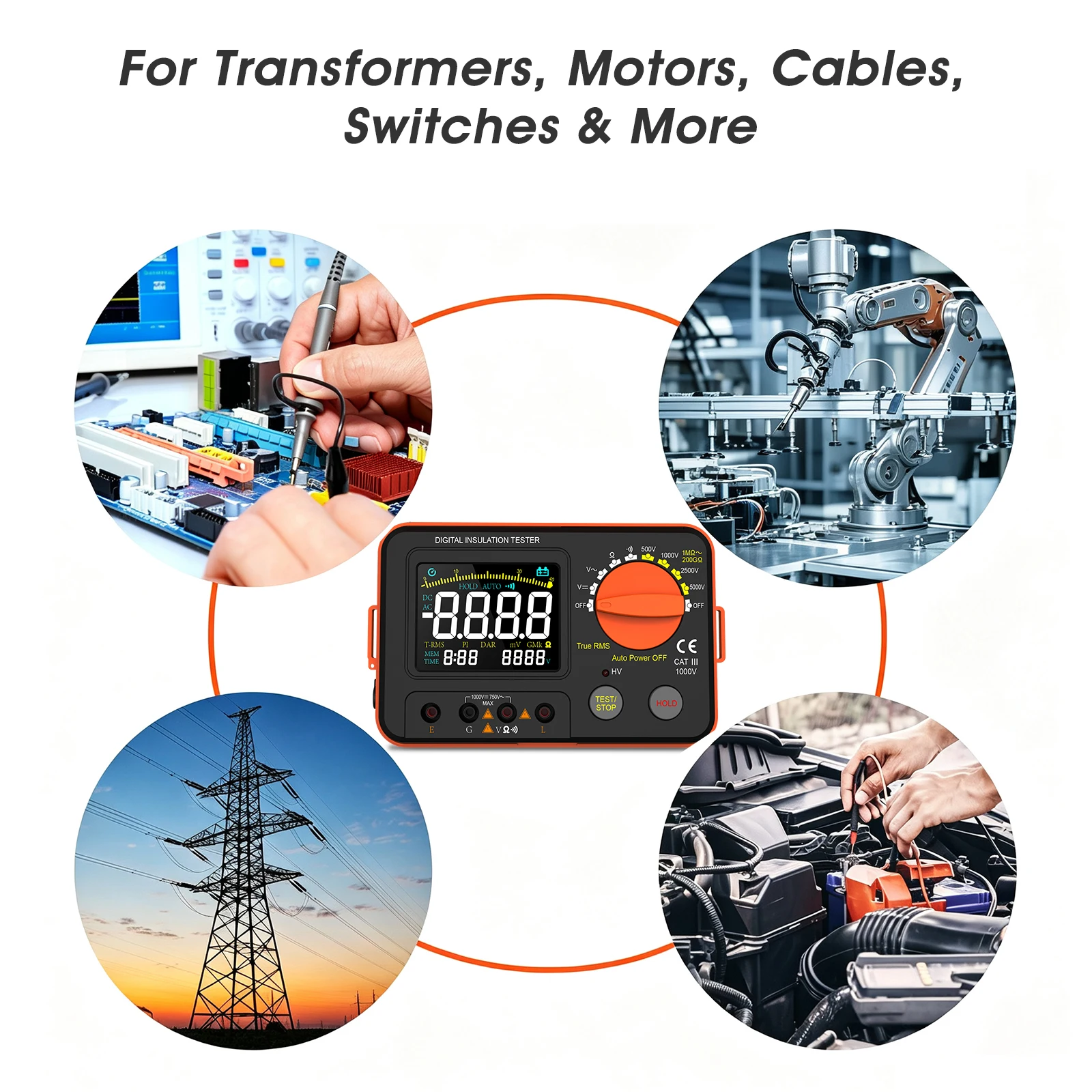 HoldPeak 67A Insulation Resistance Tester 250V-2500V Auto Range 200GΩ VA Color Screen 4000 Counts True RMS for Motor Cable