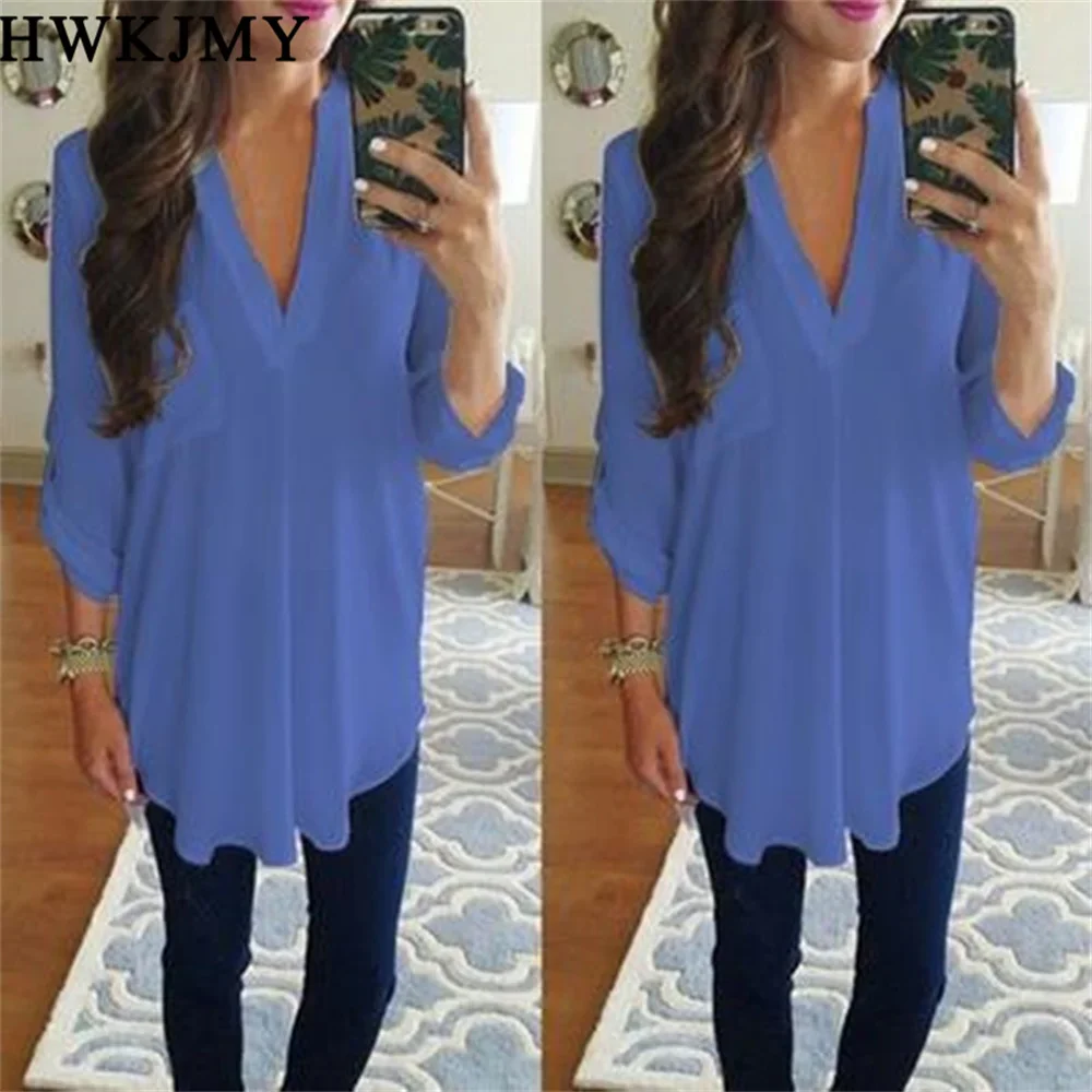 Women\'s Fashion Casual Chiffon Tops V-neck Solid Color Ladies Sexy Long Sleeve Shirt Loose Tops T Shirt Blouse