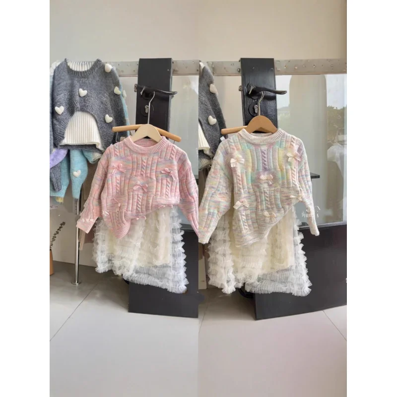 

Girls' Autumn Winter New Korean Style Cute Princess Baby Girl Colorful Bow Versatile Soft Round Neck Sweater Cute