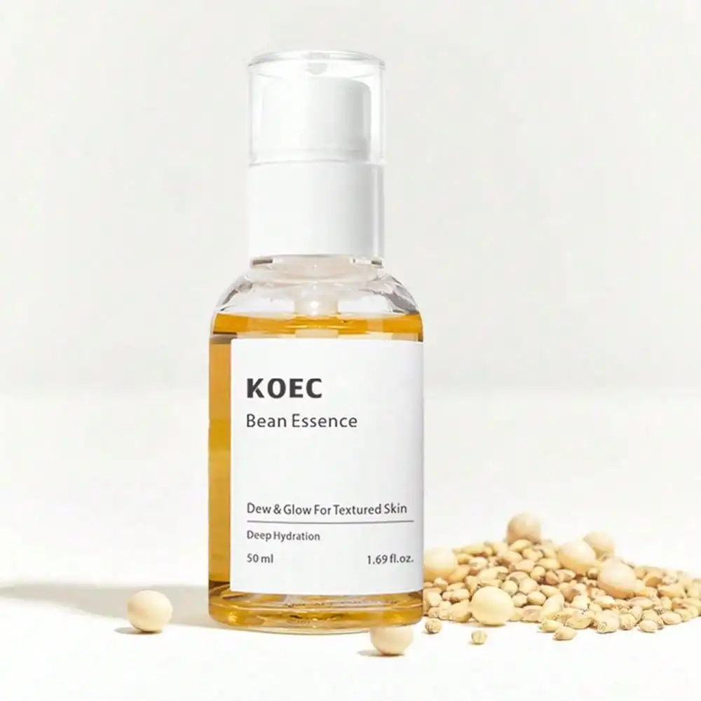 KOEC Bean Essence Facial Skin Toner Serum combines deep hydration, mild exfoliation and barrier repair, gently resurfaces textured complexions, visibly smooths uneven patches and restores healthy translucent skin finish.