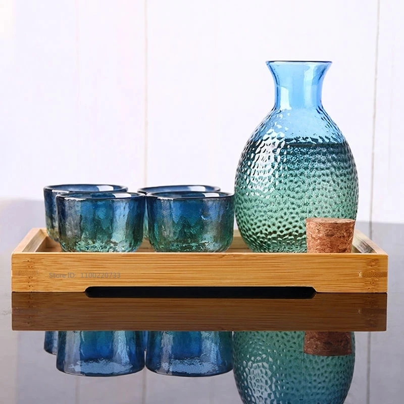 Japanese Sake Jug Set Peacock Blue Wine Glasses Crystal Sake Pot Cup Set Flagon Liquor Glass Dispenser Creative Wine Cup Gifts