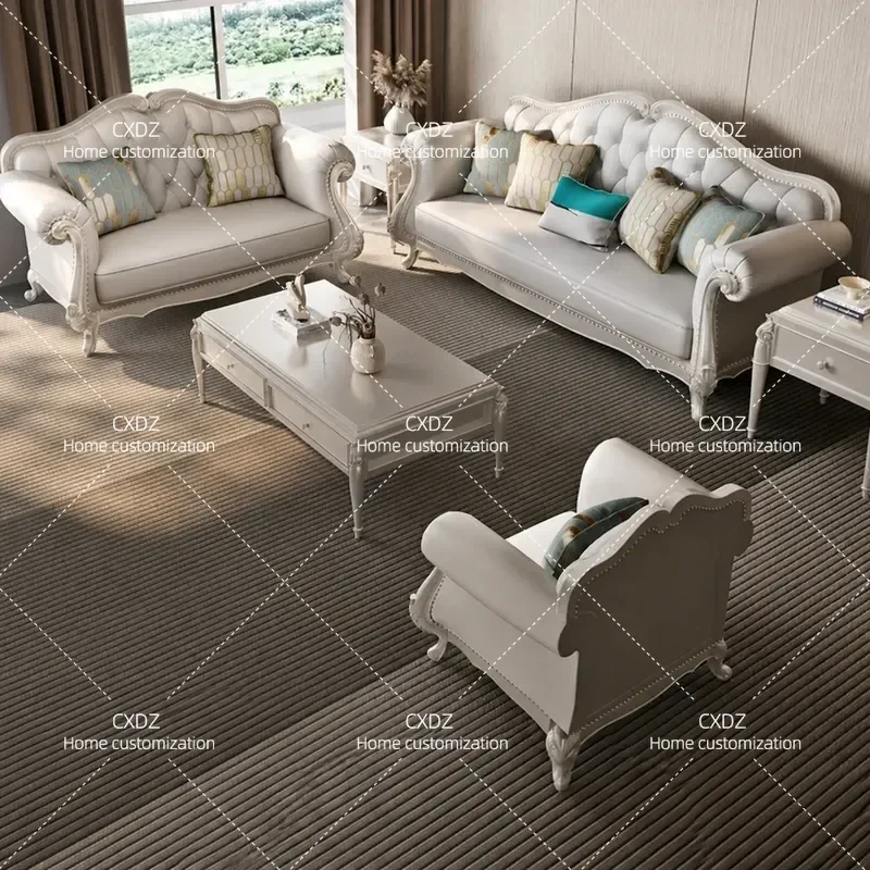 Light Luxury Leather Sofa Set Solid Wood Frame Champagne Silver Modern Villa Living Room Furniture 123 Seater Straight Row