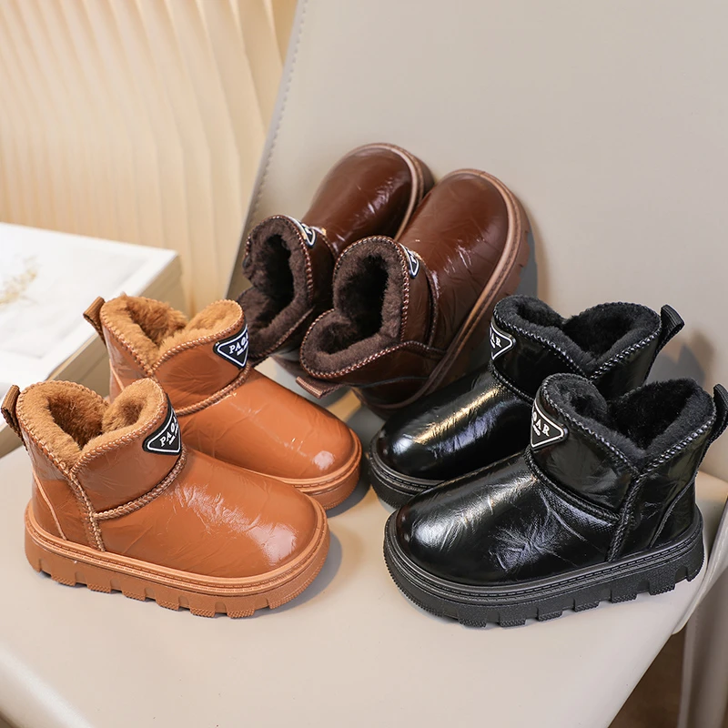 Unisex Kids Winter Glossy Faux‑Leather Snow Boots, Fleece‑Lined Pull‑On Thick Anti‑Slip Sole Ankle Boots