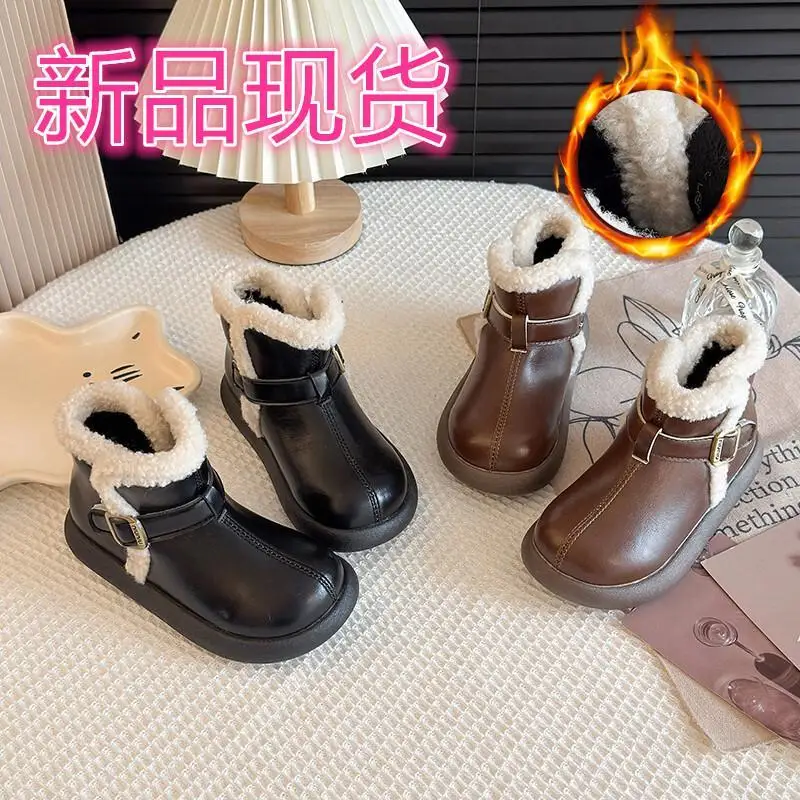 

Kawaii Casual Shoe Childrens Shoes Girls Boots Winter New Short Boots Korean Style Thick Warm Leather Boots for Leisure Cute
