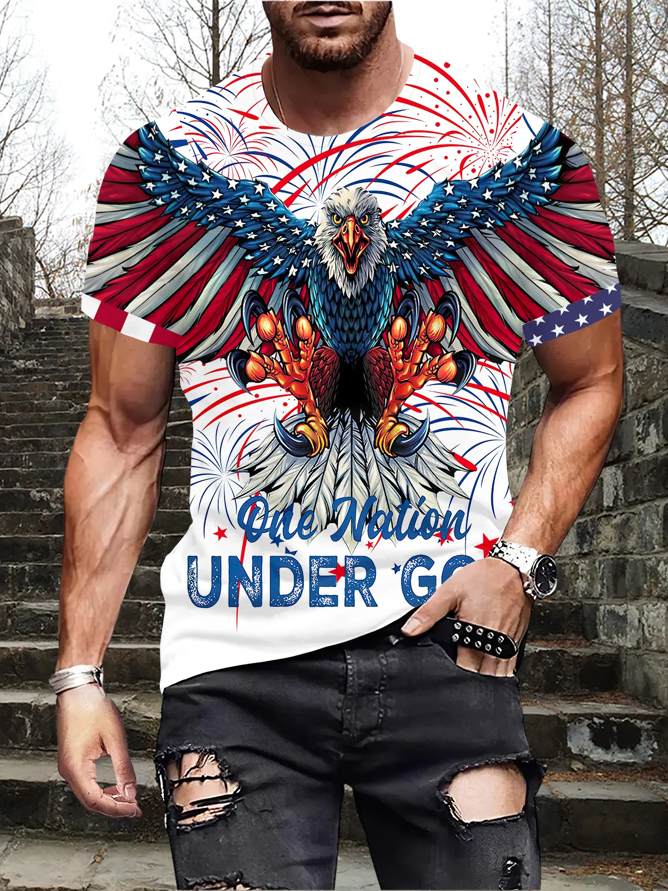 American Flag Pattern Eagle And Firework Print T-shirt, Crew Neck And Short Sleeve Tee, Fashion Top For Men's Casual Sports Wear