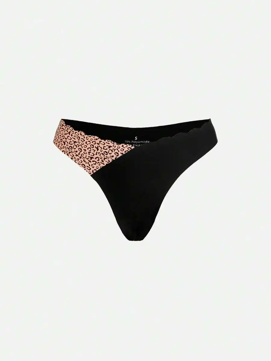 

Seamless Scallop Edge Thong Panties For Women Leopard Print Contrast Color Comfortable Daily Wear