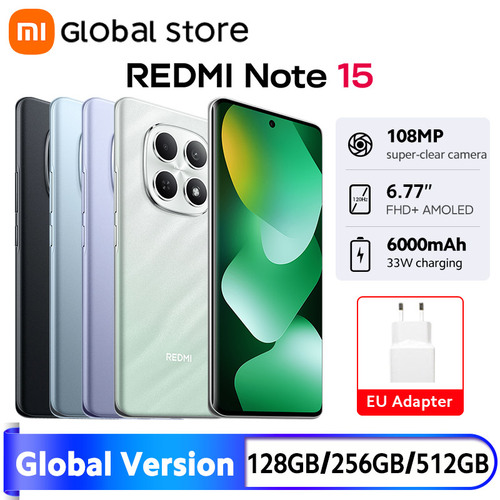 Global Version New Xiaomi Redmi Note 15 4G Smartphone 6GB / 8GB RAM 6000mAh 108MP Camera 6.77" AMOLED MTK Helio G100-Ultra 33W - View 1 Global Version New Xiaomi Redmi Note 15 4G Smartphone 6GB / 8GB RAM 6000mAh 108MP Camera 6.77" AMOLED MTK Helio G100-Ultra 33W - View 1