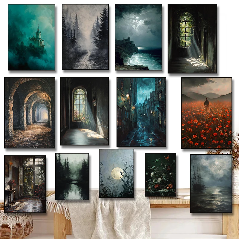 (No frame)Dark Academia Gothic Edinburgh Street Castle Poster Arched Ivy Window Garden Seascape Canvas Painting Print Wall Ho