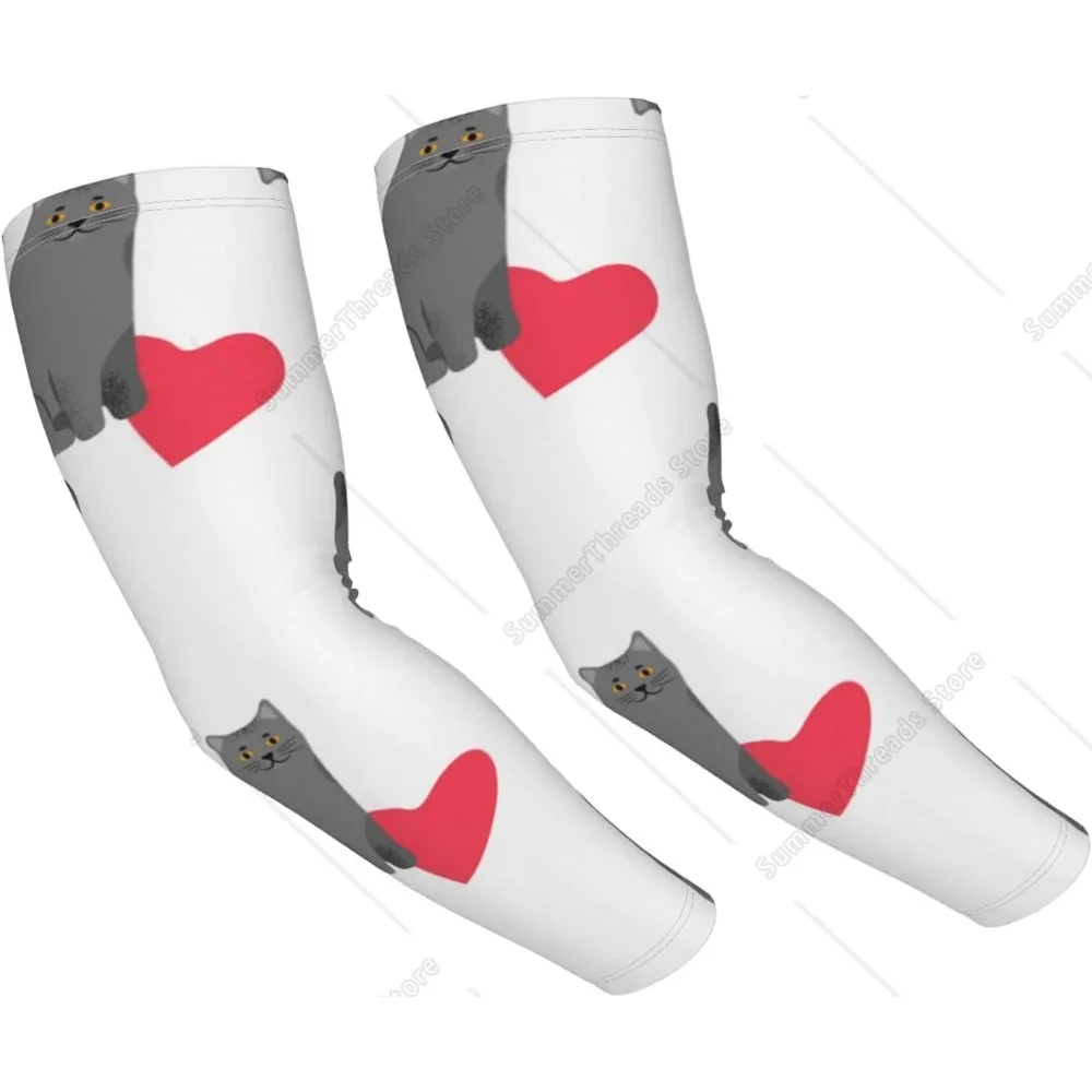 Funda de brazo con fondo blanco de gato y corazón, manga larga de hielo para dedos de verano, sin protección solar, absorción del sudor, agua, secado rápido
