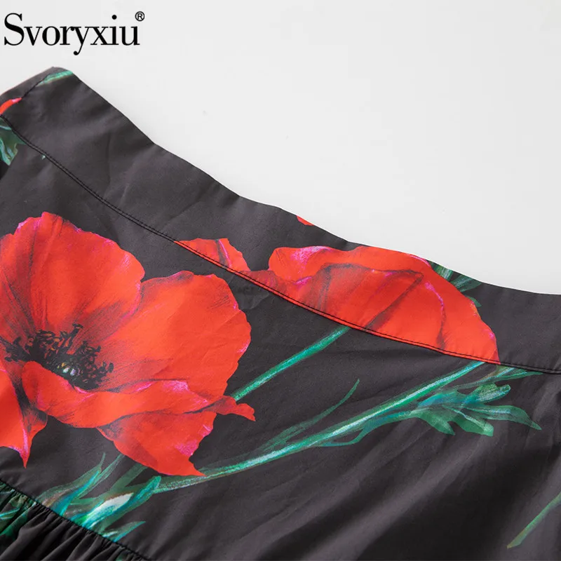 Svoryxiu 2022 High Quality Runway Summer Bohemian Cotton Skirt Women's Rose Print High Waist Pleated Vacation Party Skirts